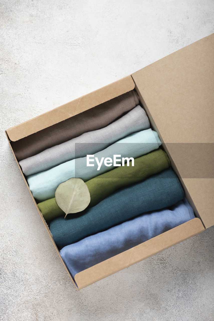 High angle view of clothes in box