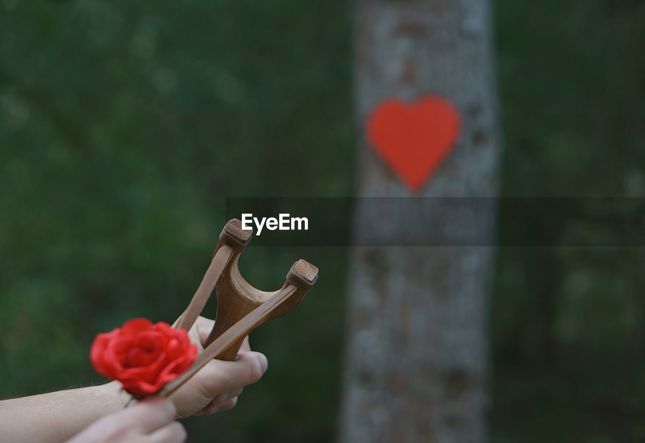 Cropped image of person aiming rose at heart shape with slingshot