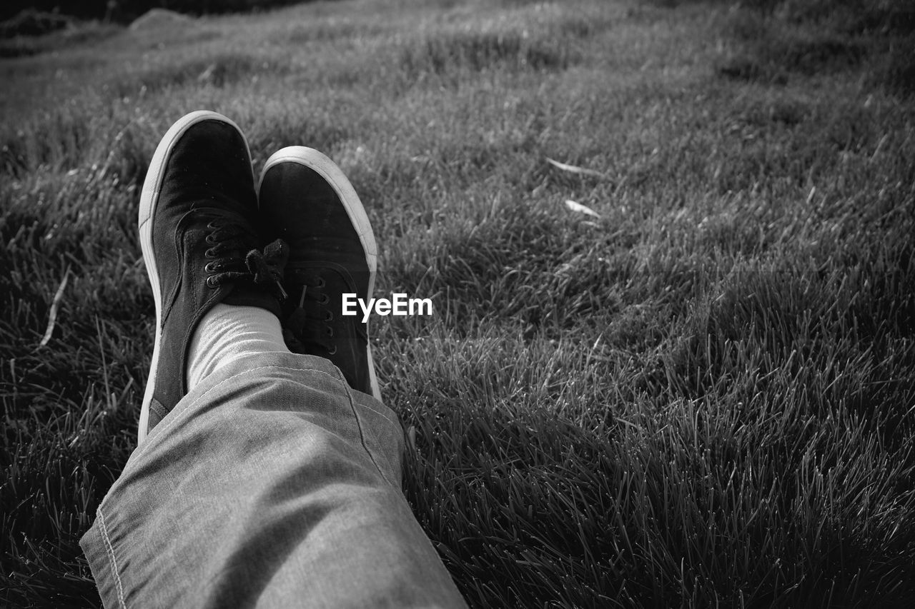 Low section of man relaxing on grassy field