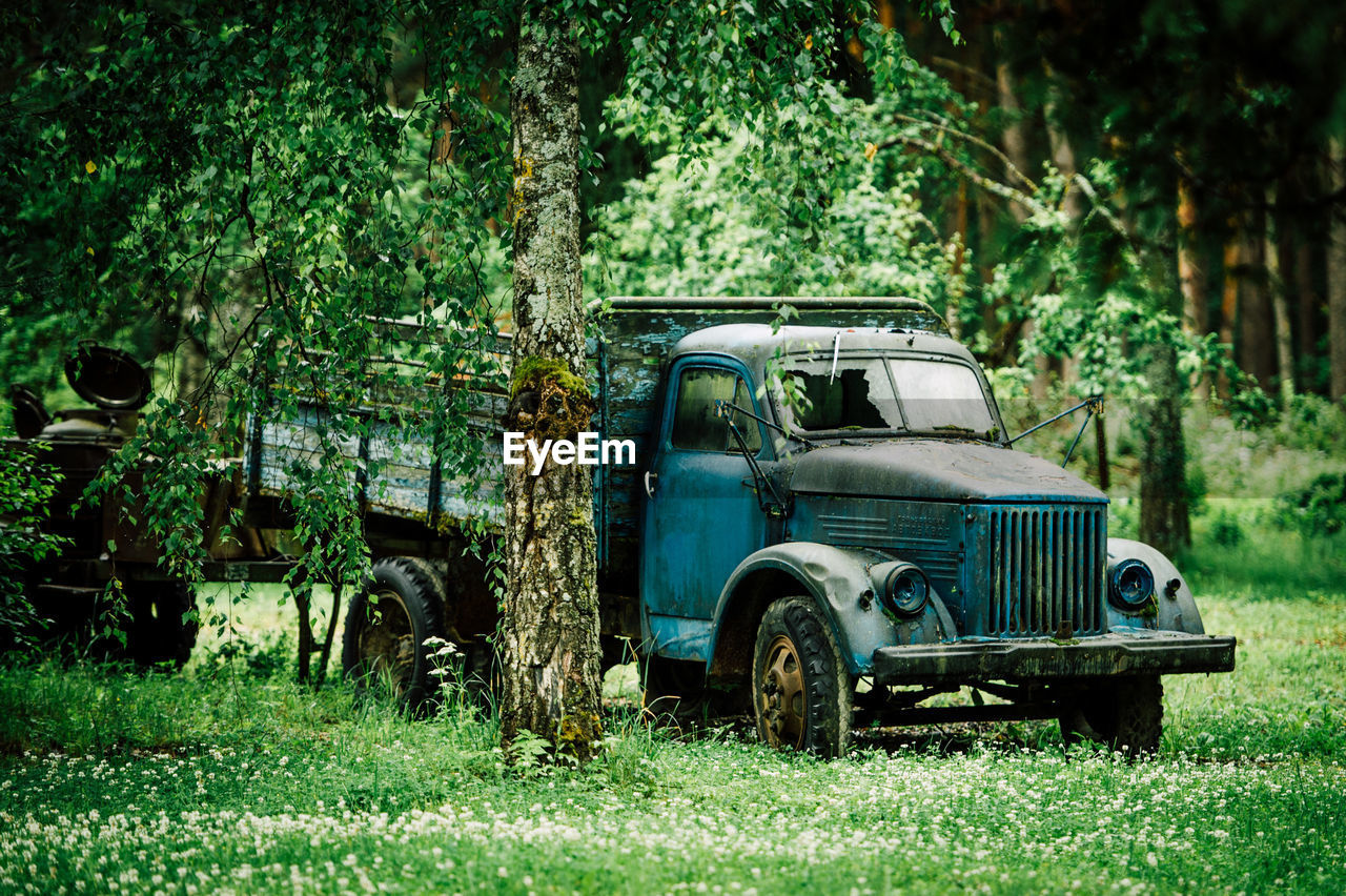 Abandoned car on field