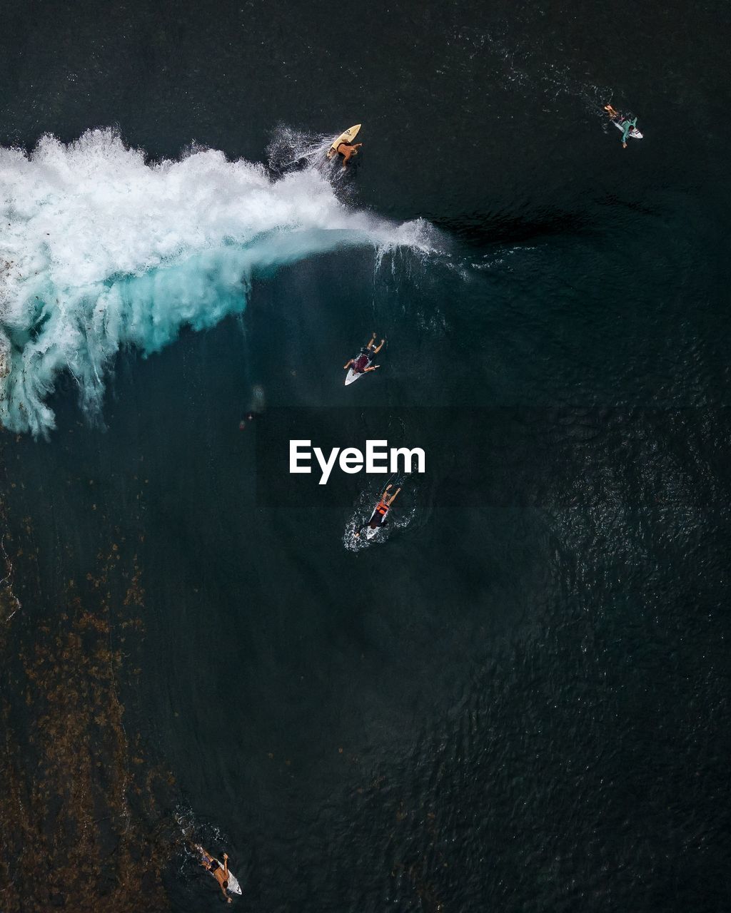 High angle view of people surfboarding in sea