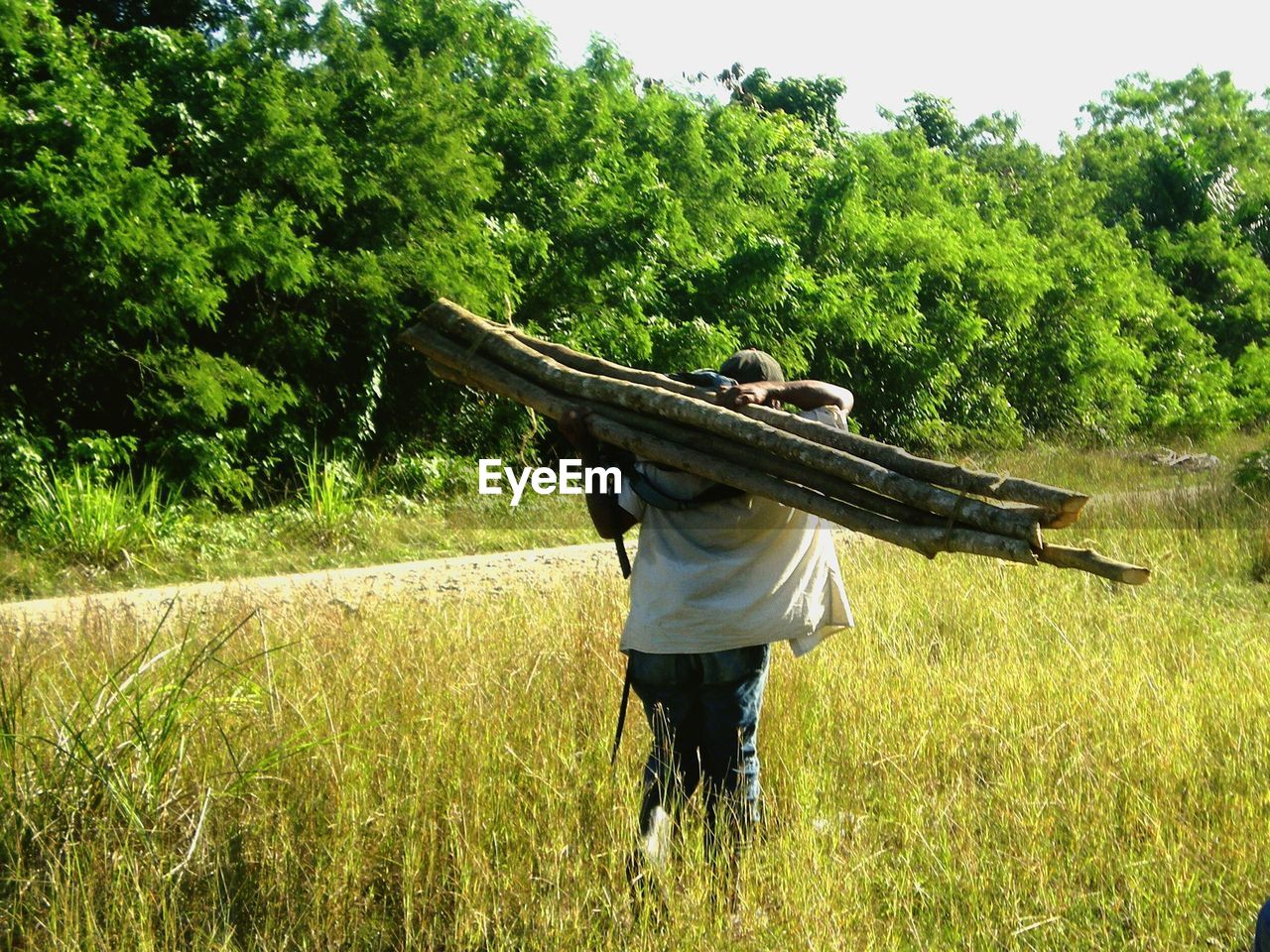 Man carrying load on field against sky