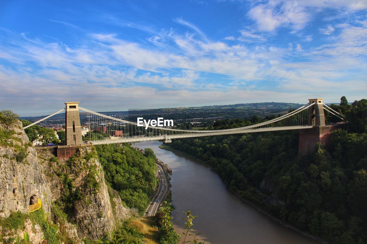 View of suspension bridge over river