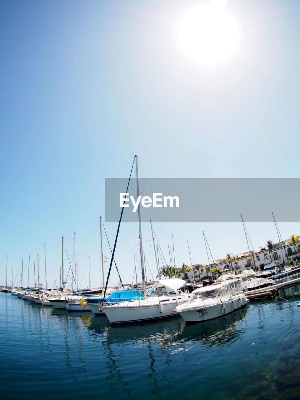 Sailboats moored in sea against clear sky