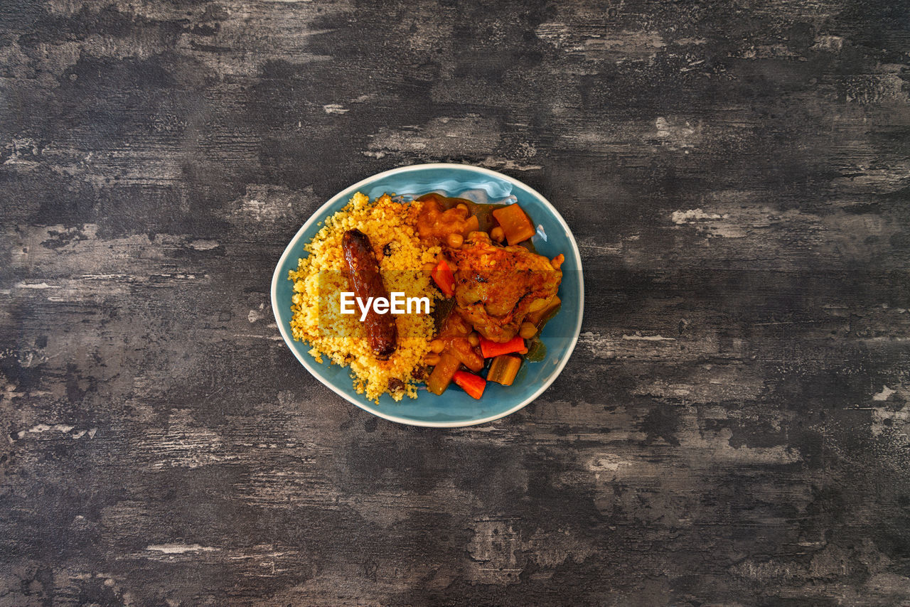 Directly above shot of meal served on table