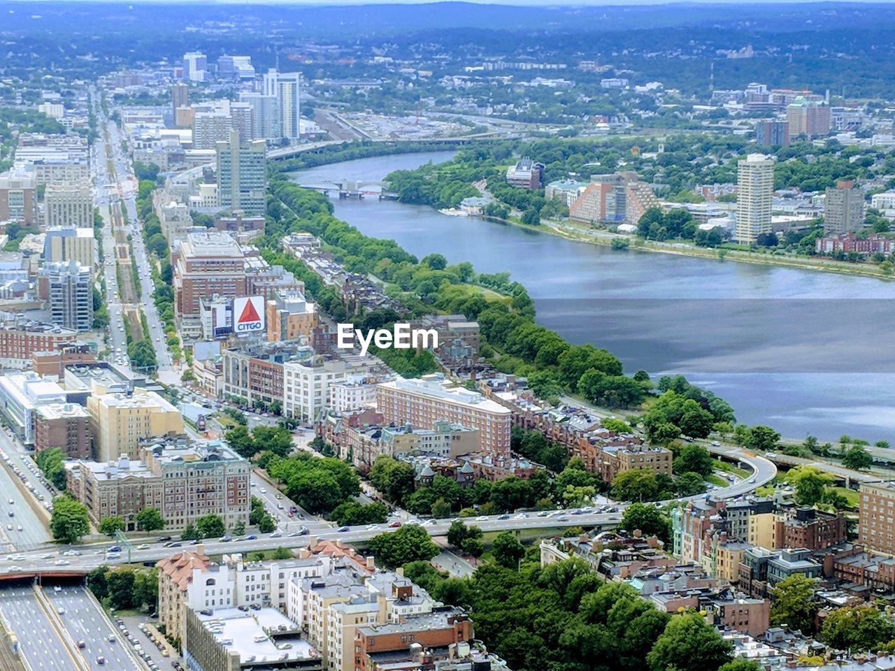 High angle view of river amidst buildings in city