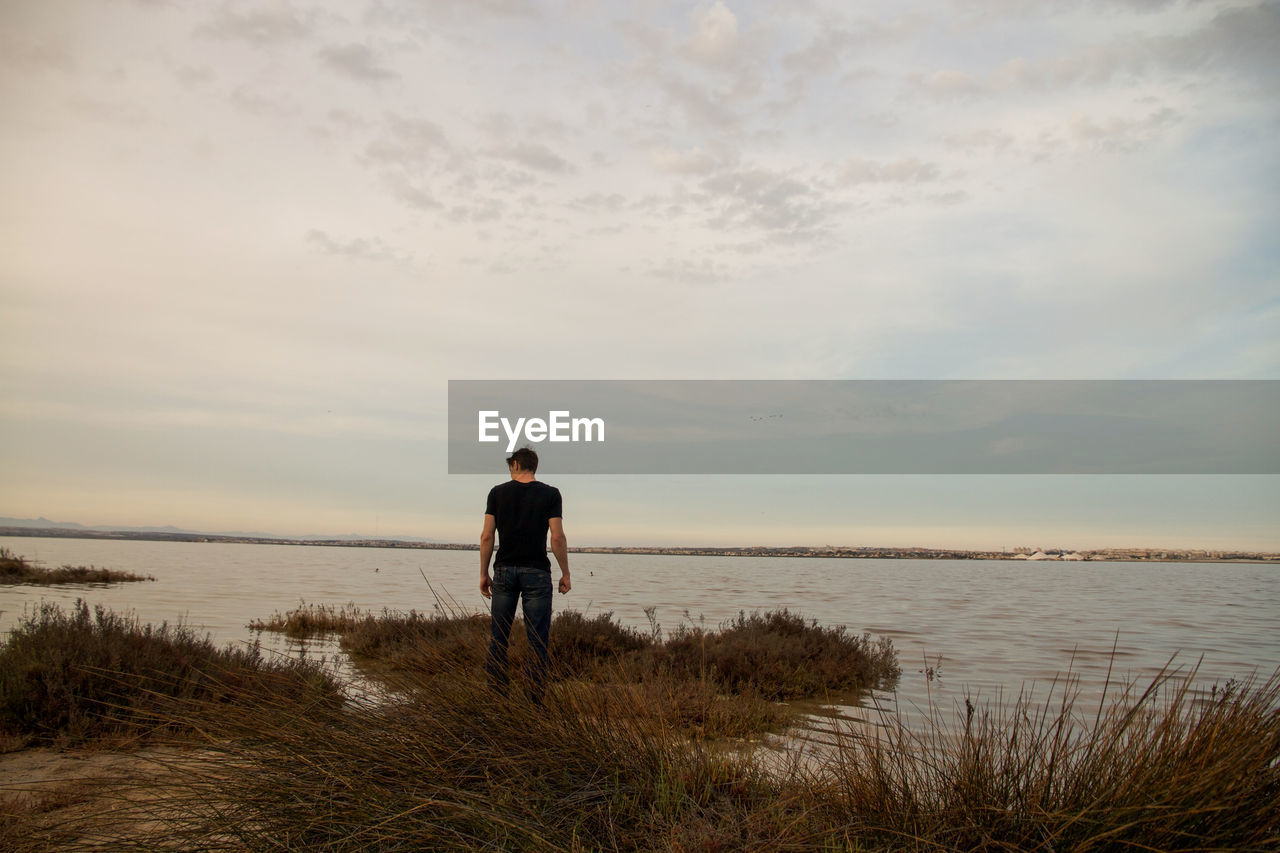 Rear view of man standing at lakeshore against sky