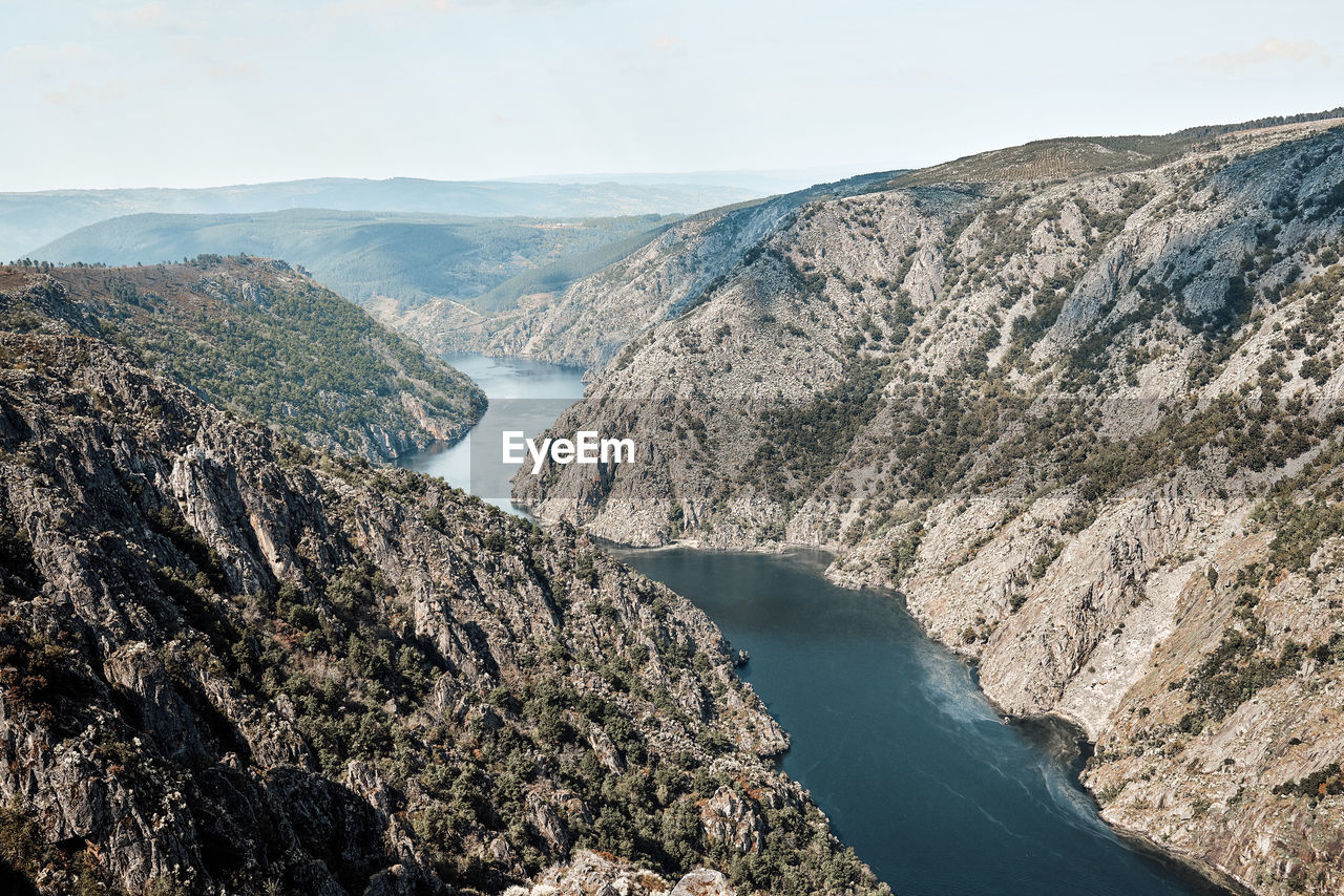 Aerial view of river amidst mountains against sky