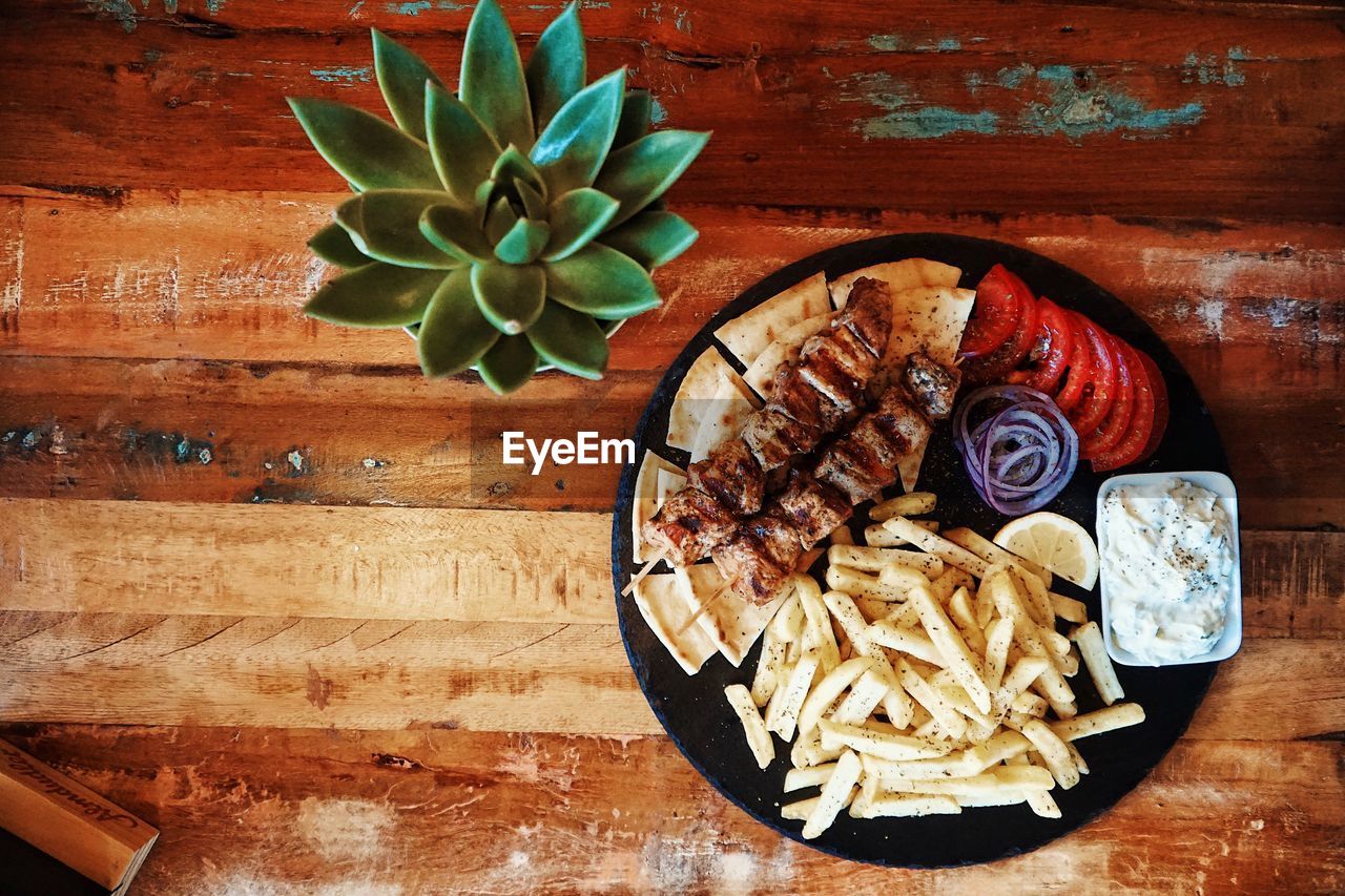 High angle view of breakfast served on table