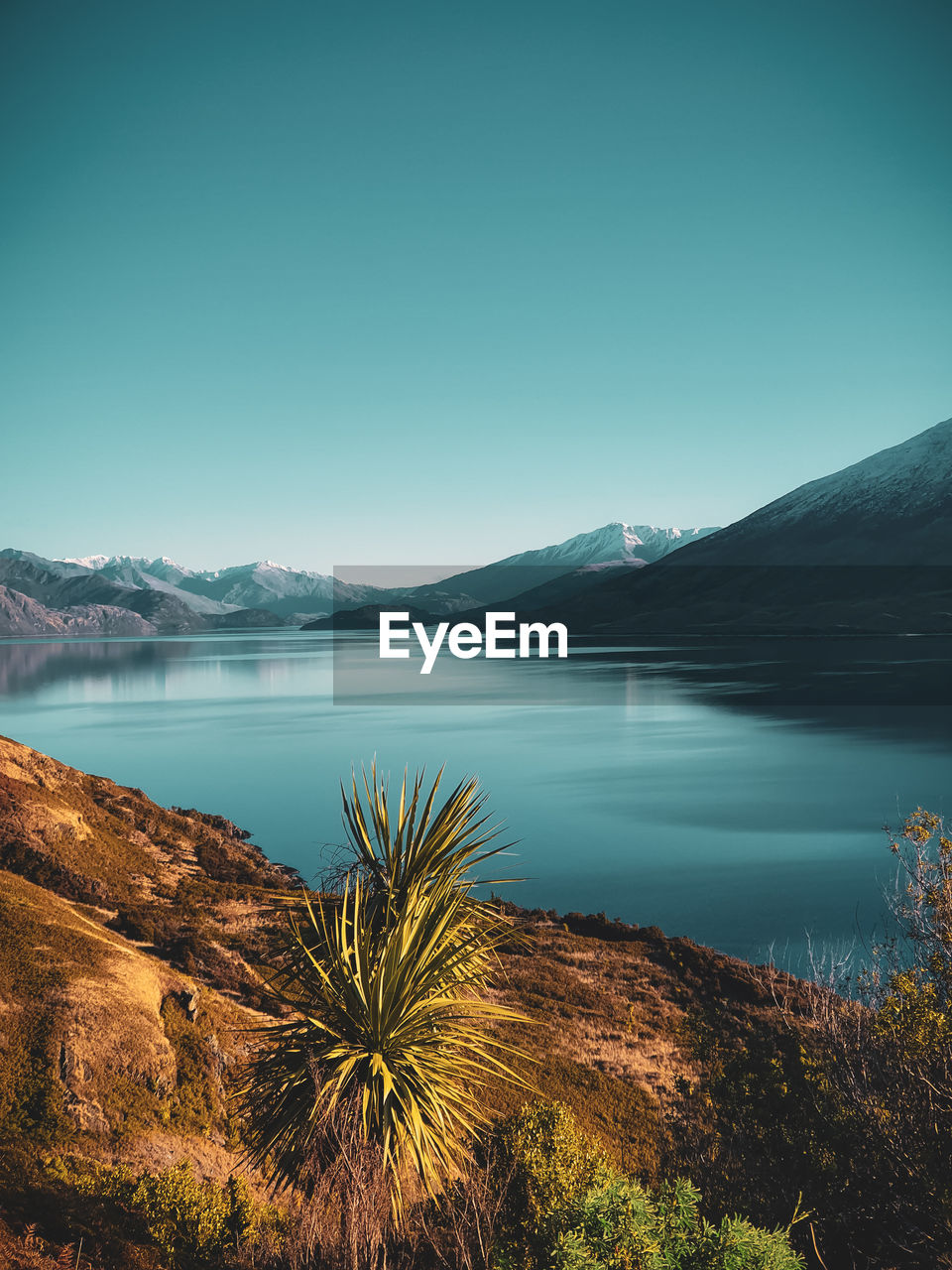 Scenic view of lake against clear blue sky in new zealand