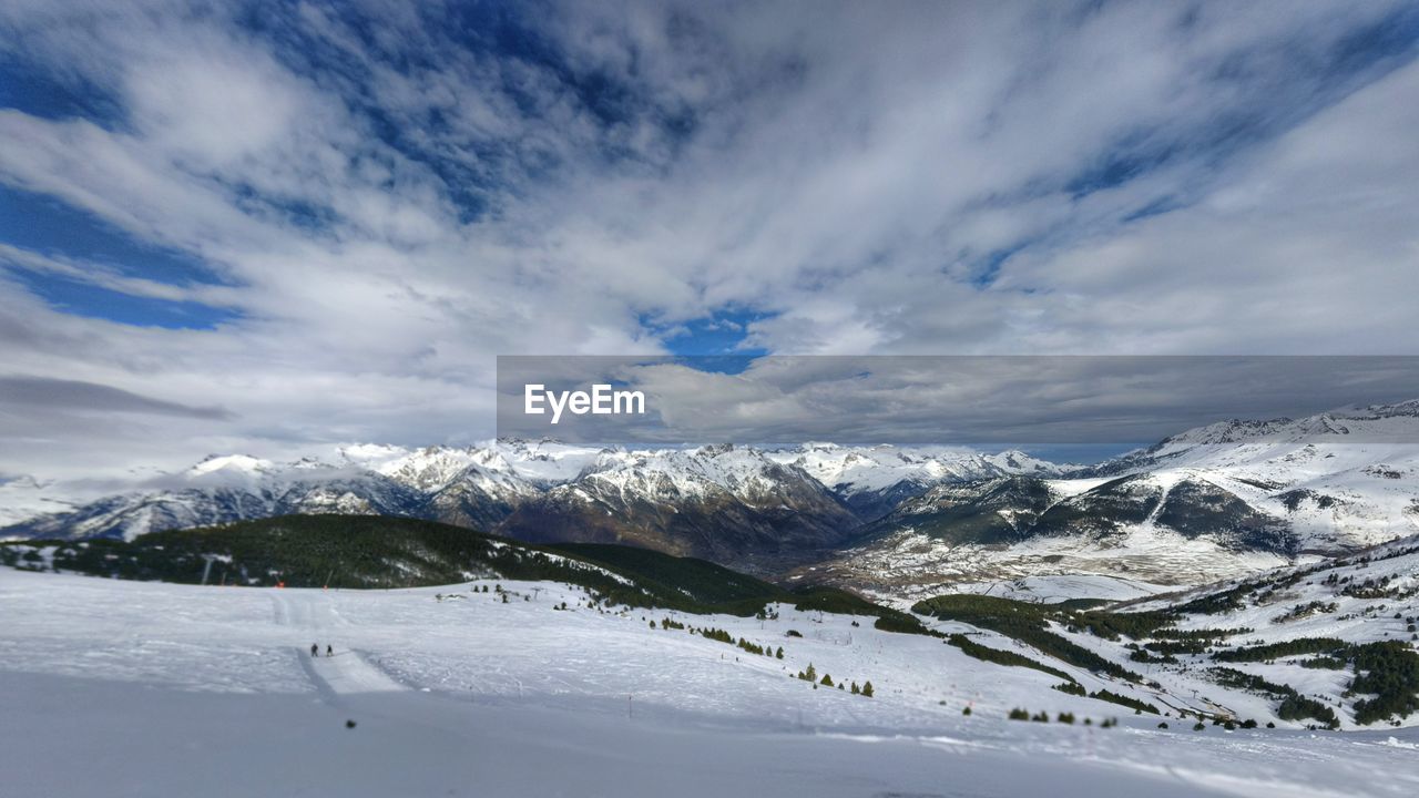 Scenic view of snowcapped mountains against sky