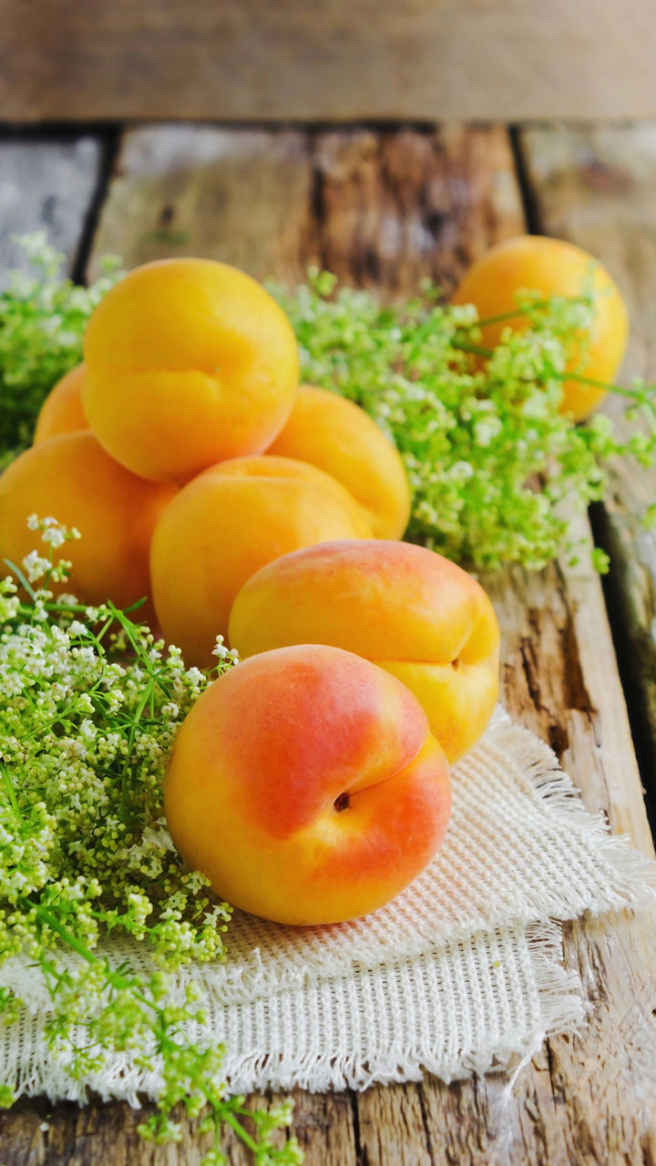 High angle view of apricots on table