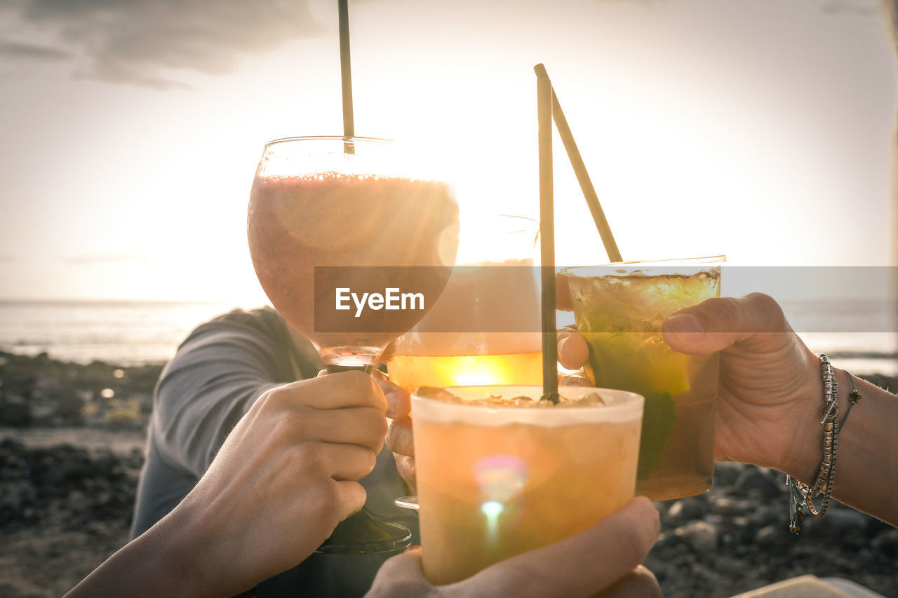 Friends toasting drinking glasses at beach