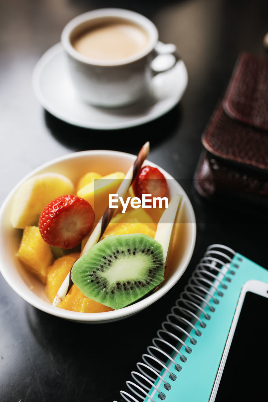 High angle view of breakfast on table