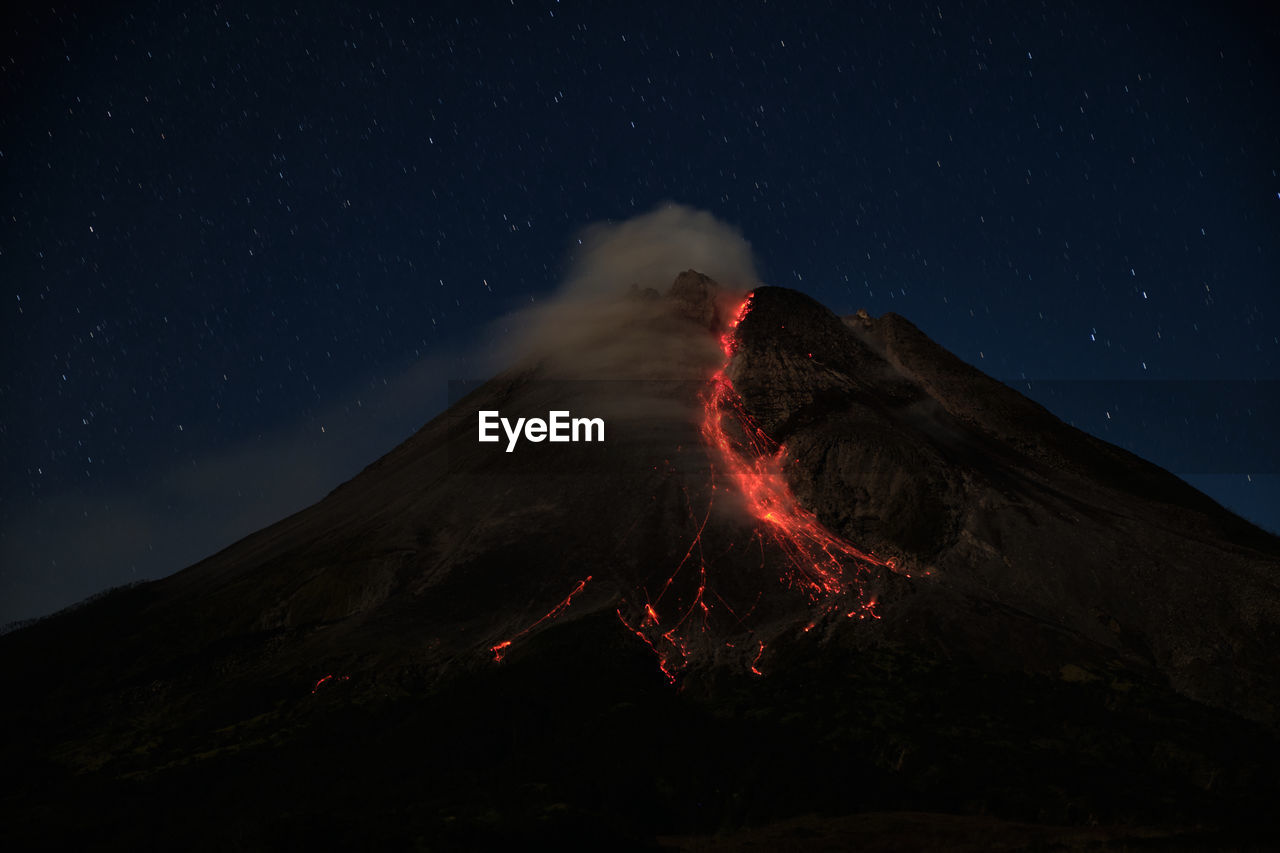 Mount merapi erupts with high intensity at night during a full moon. 