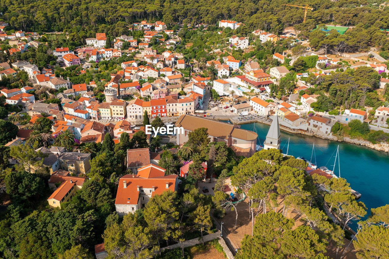 Aerial view of veli losinj town in losinj island, the adriatic sea in croatia