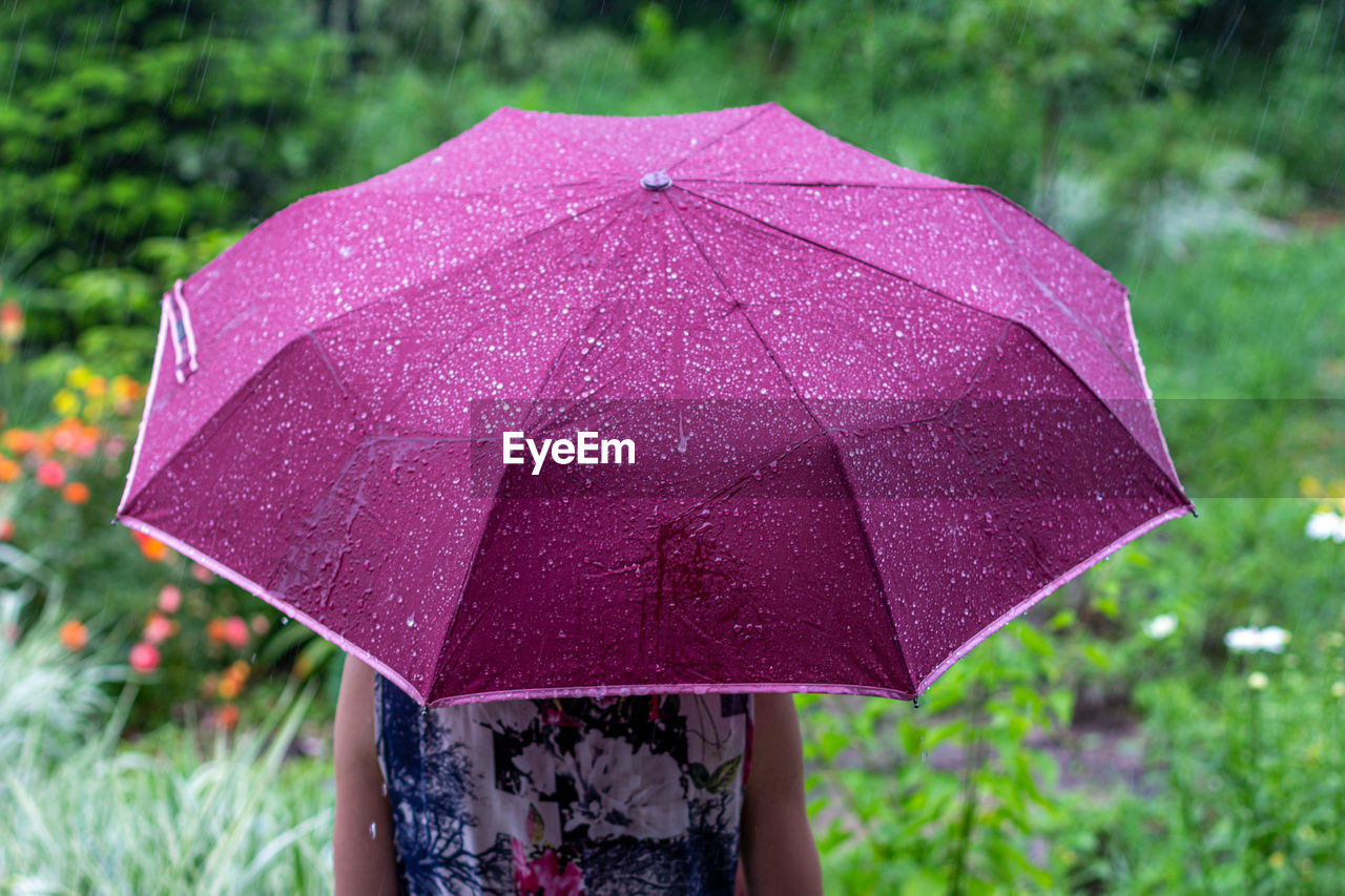 CLOSE-UP OF WOMAN HOLDING UMBRELLA STANDING ON WET RAINY SEASON