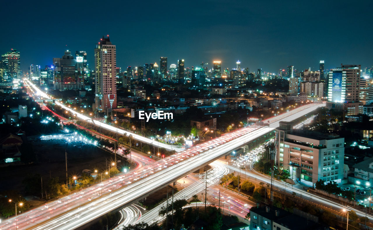 High angle view of illuminated cityscape