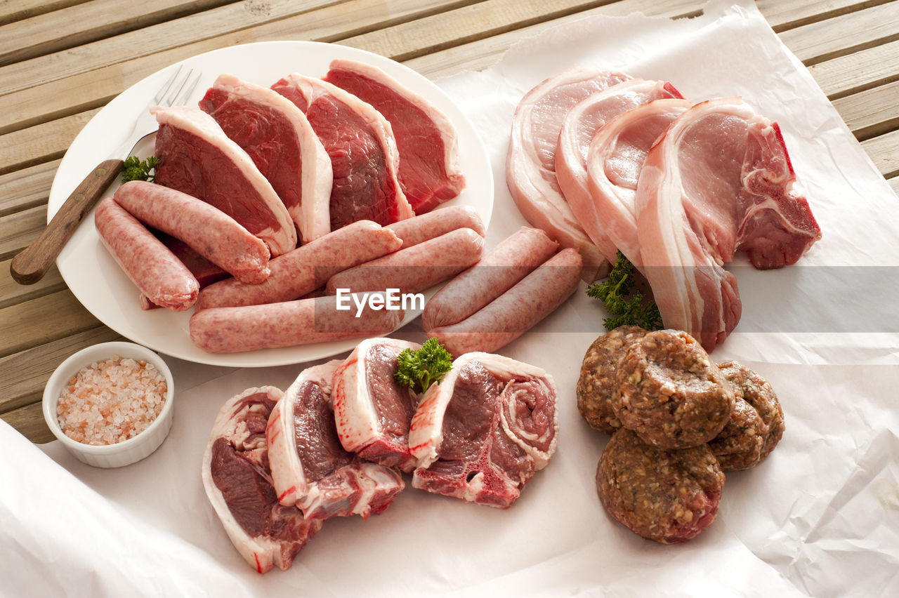 Assorted cuts of raw meat arranged on a wooden table with pork cutlets, beef steak, sausages