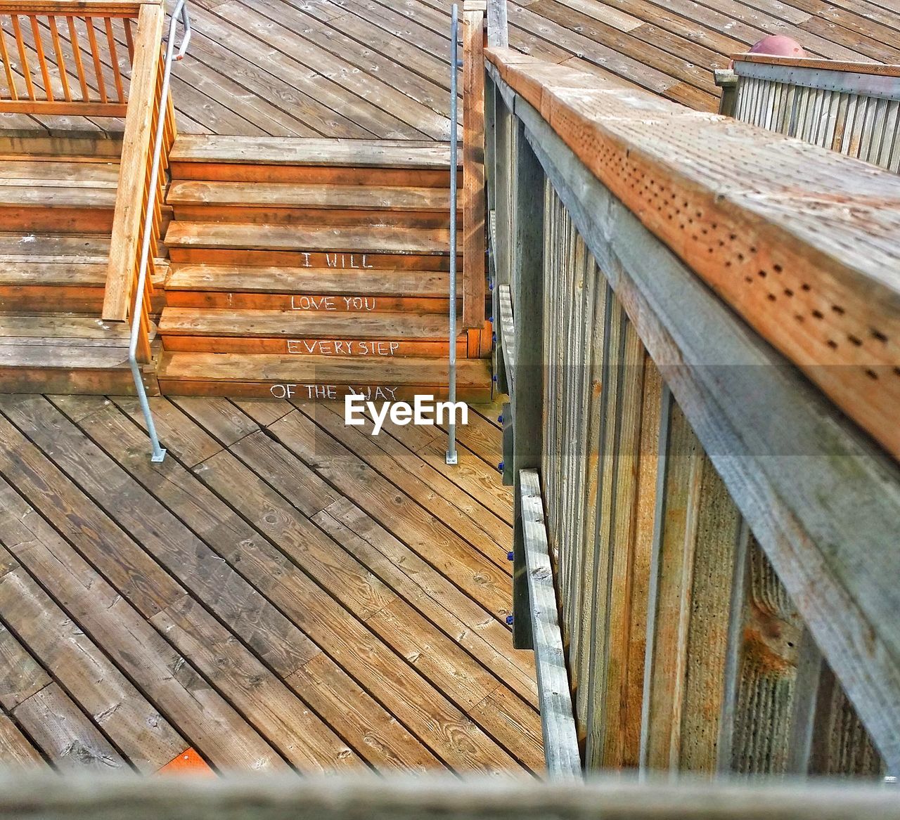 High angle view of wooden stairs with text