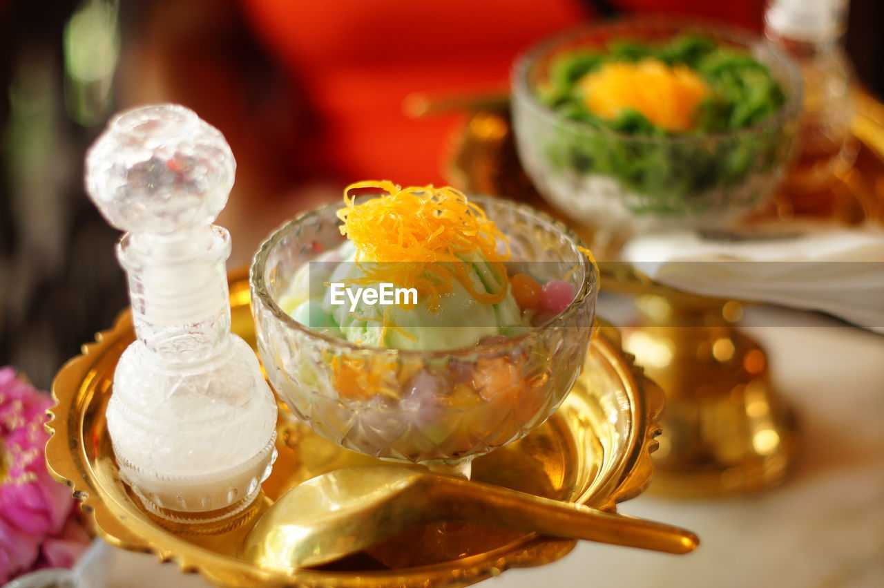 Close-up of dessert served on table
