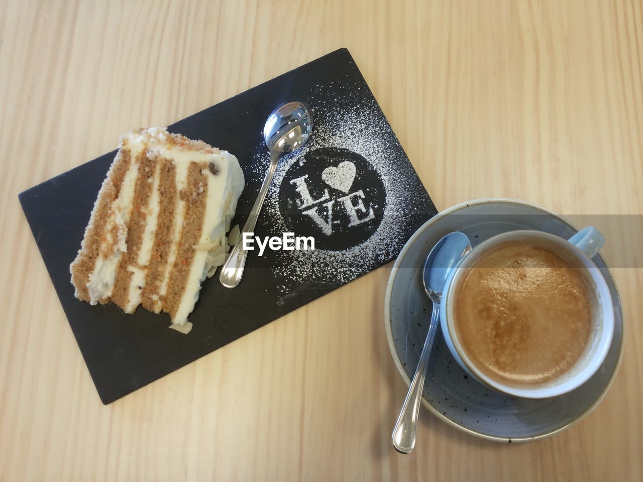 High angle view of breakfast with text on table