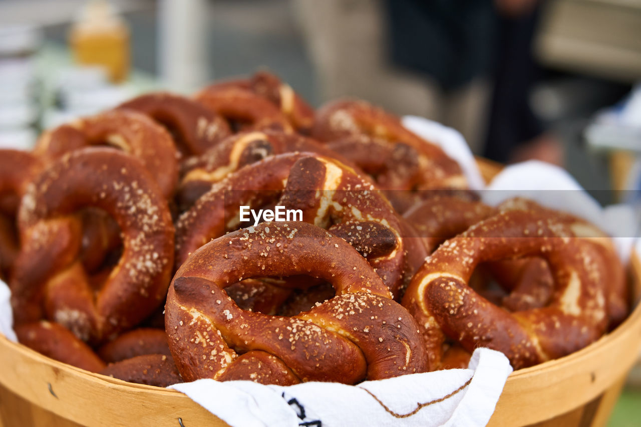 Close-up of pretzels for sale at market