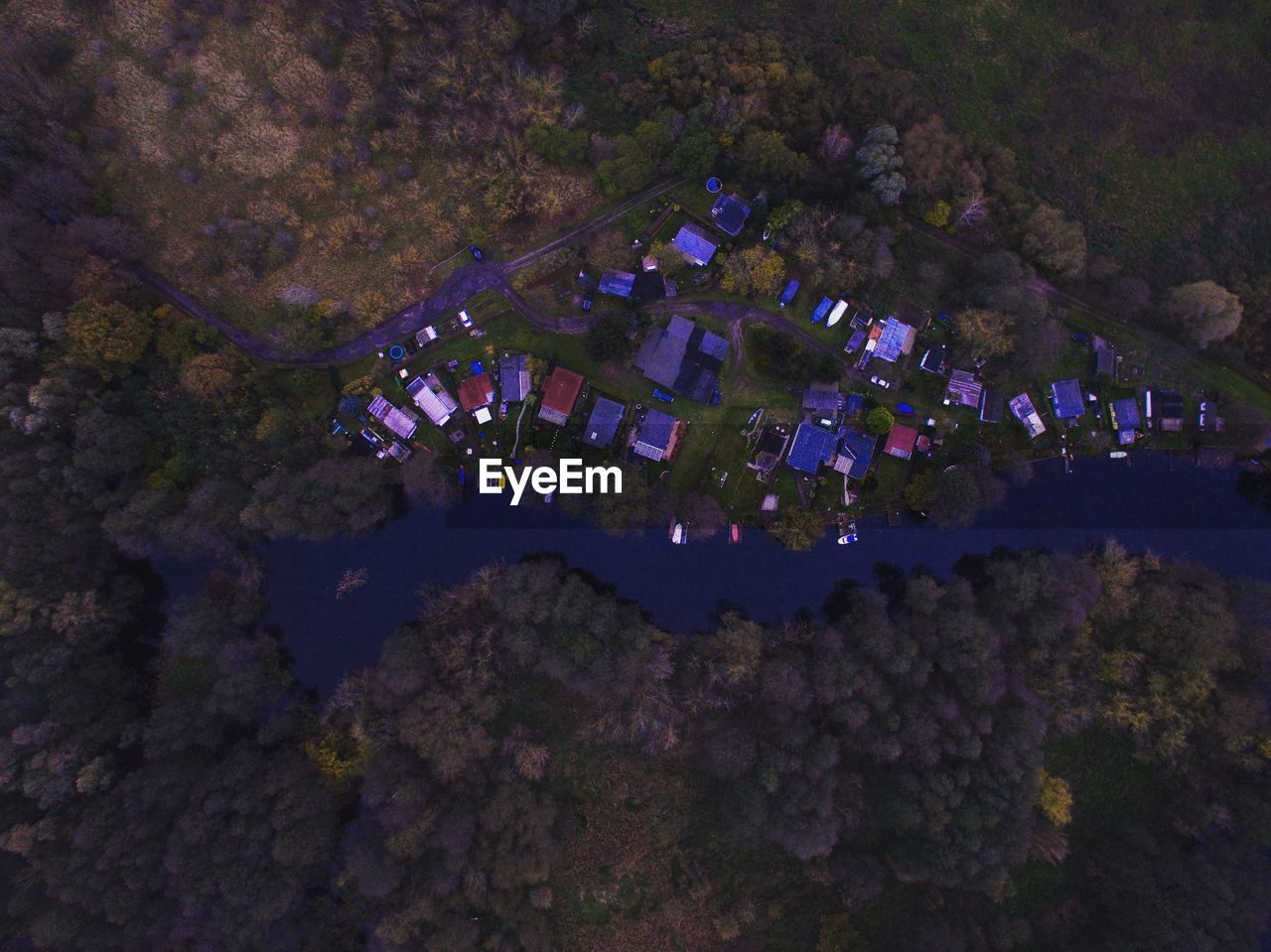 High angle view of trees and houses