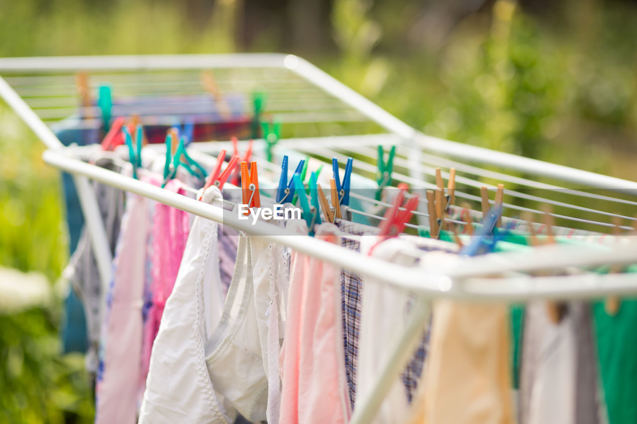 Close-up of clothes drying on clothesline