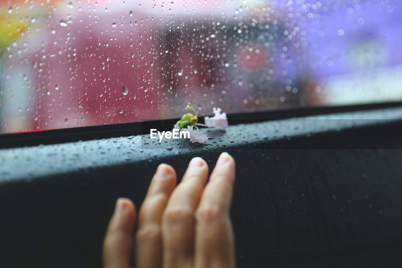 Rain drops on wet glass of car window