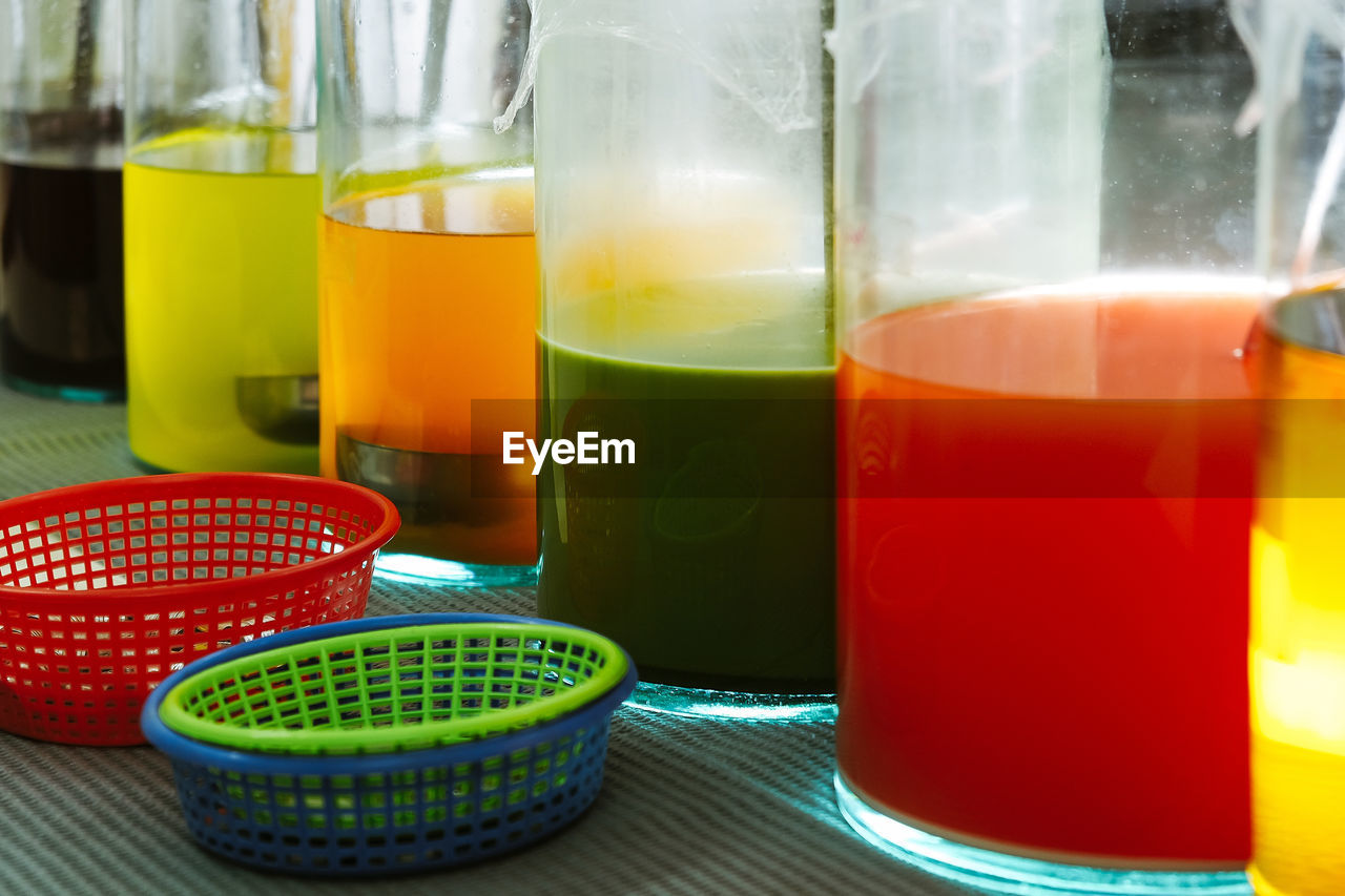 CLOSE-UP OF DRINKS IN GLASS ON TABLE