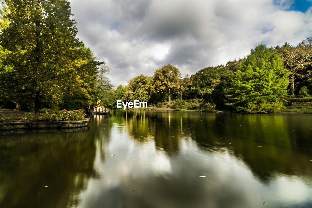 Scenic view of lake by trees against sky