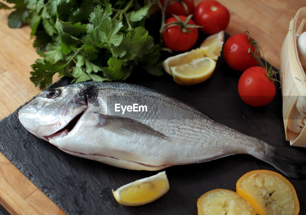 Close-up of fish on kitchen counter