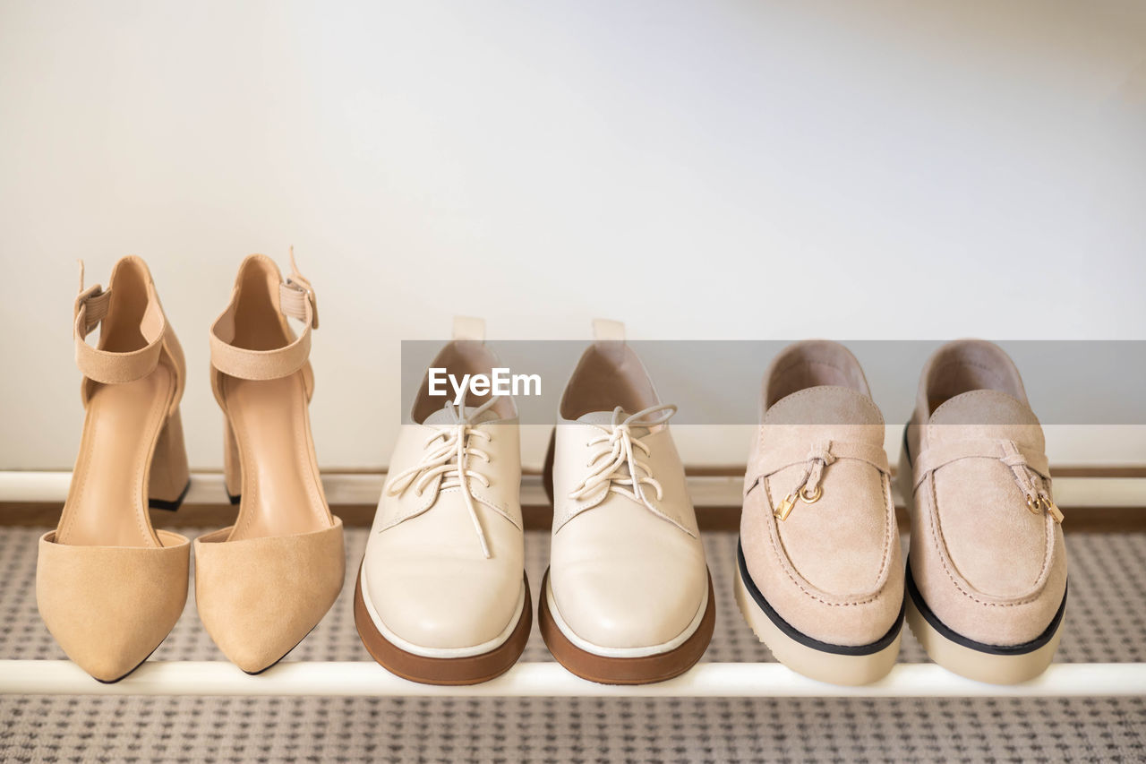 high angle view of shoes on table