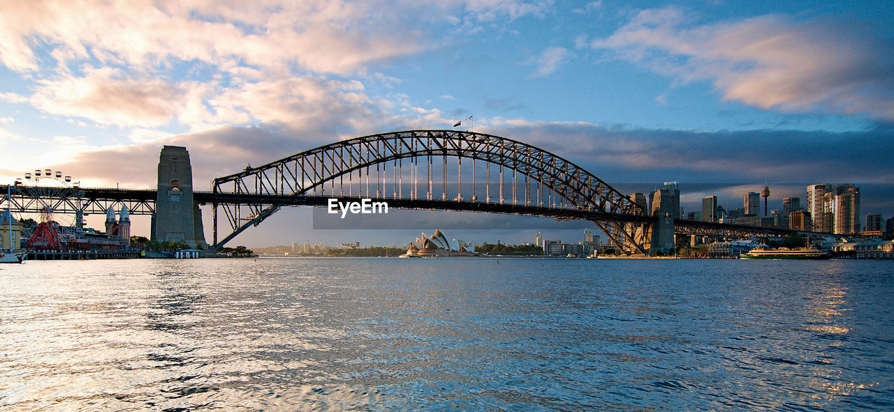 Bridge over river with city in background