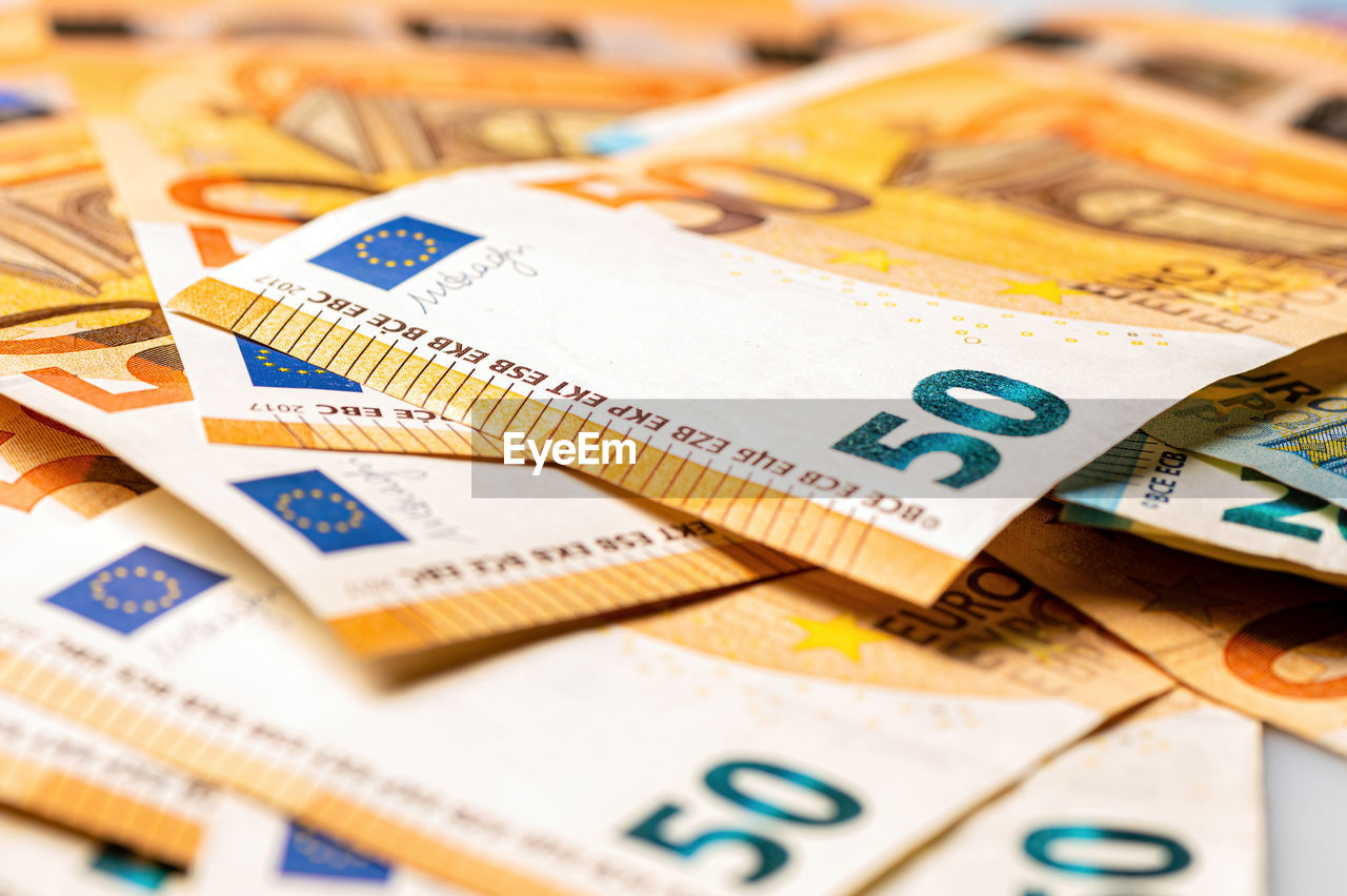 Money background from 50 and 20 euro banknotes. euro banknote close-up