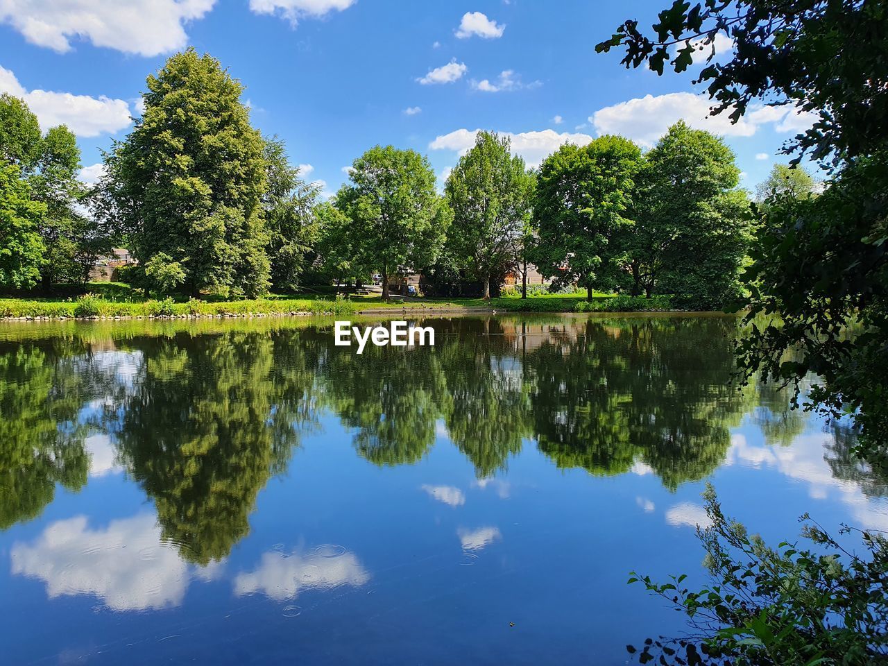 REFLECTION OF TREES ON LAKE AGAINST SKY