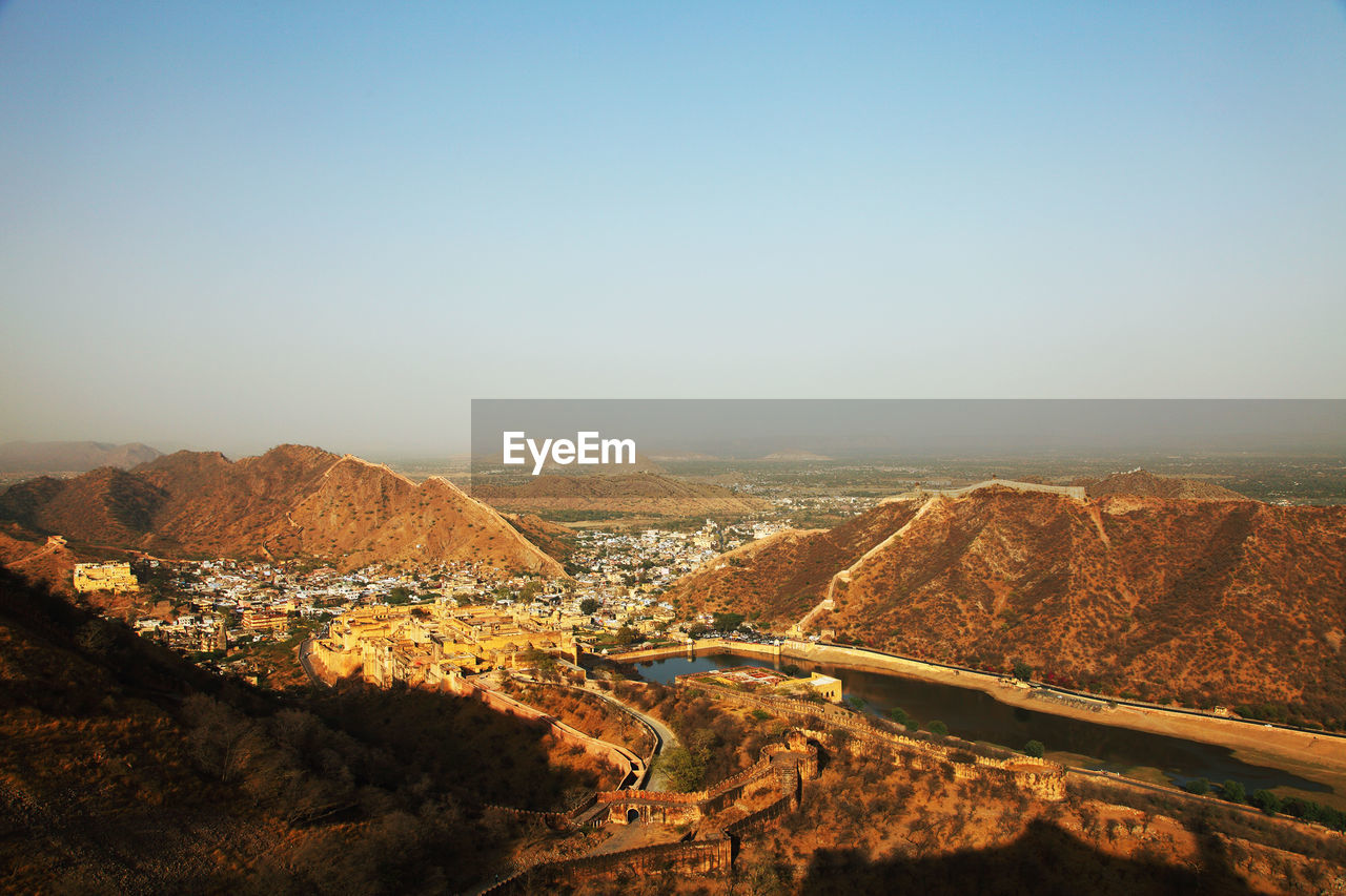 Aerial view of jaigarh fort and mountains against clear sky