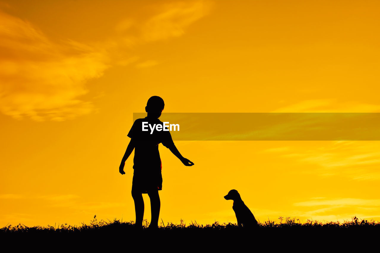 Silhouette boy with dog on field against sky during sunset