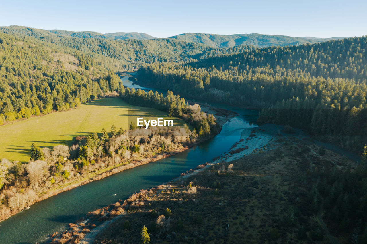 Winding smith river in california, drone photo of jedediah smith redwoods state park.