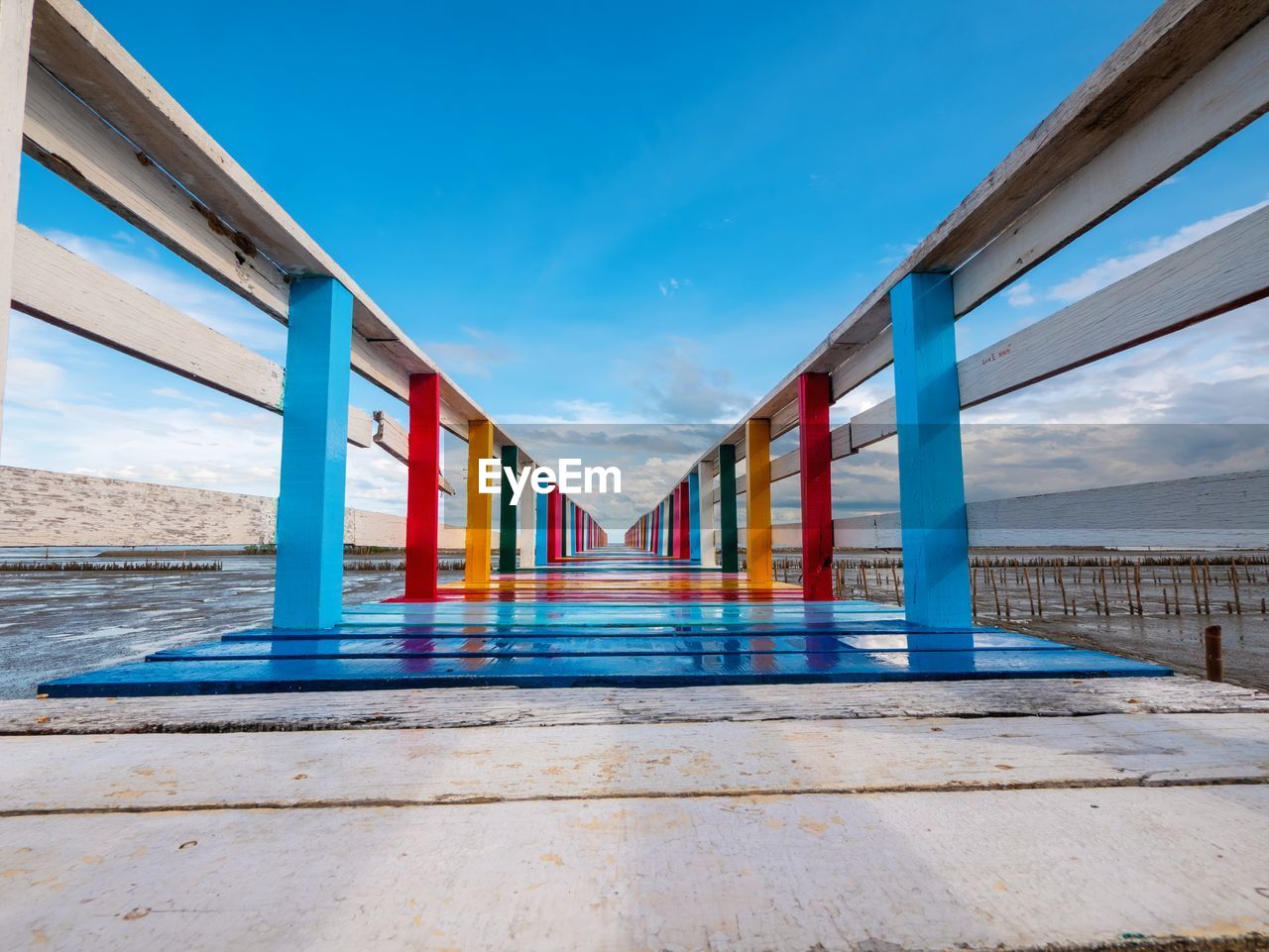 Rainbow bridge and seaside bridge, bright colors, eye-catching contrast with the clear blue sky 