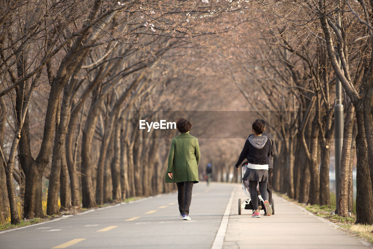 Rear view of woman walking on footpath