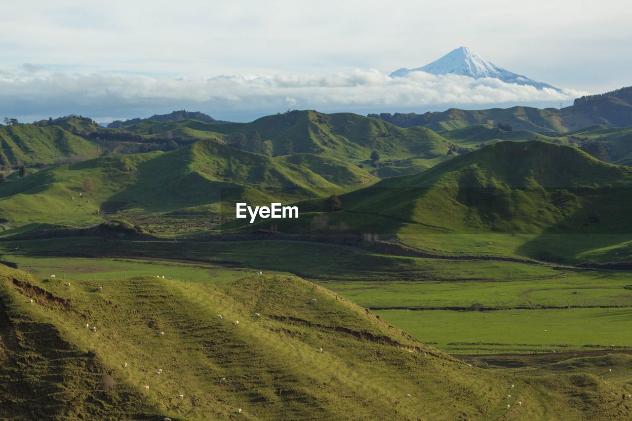 Scenic view of field and mountains against sky