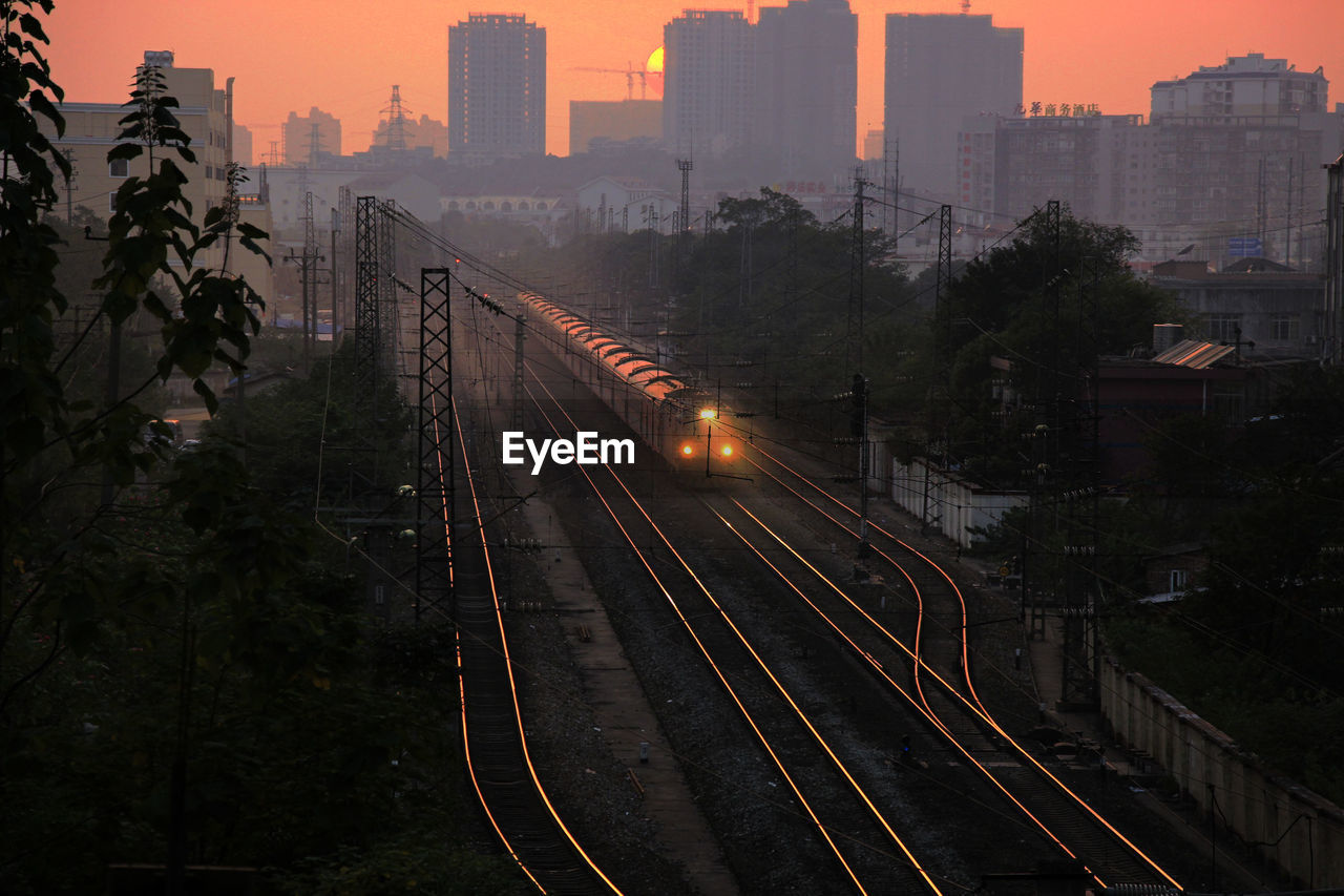 High angle view of train moving on tracks