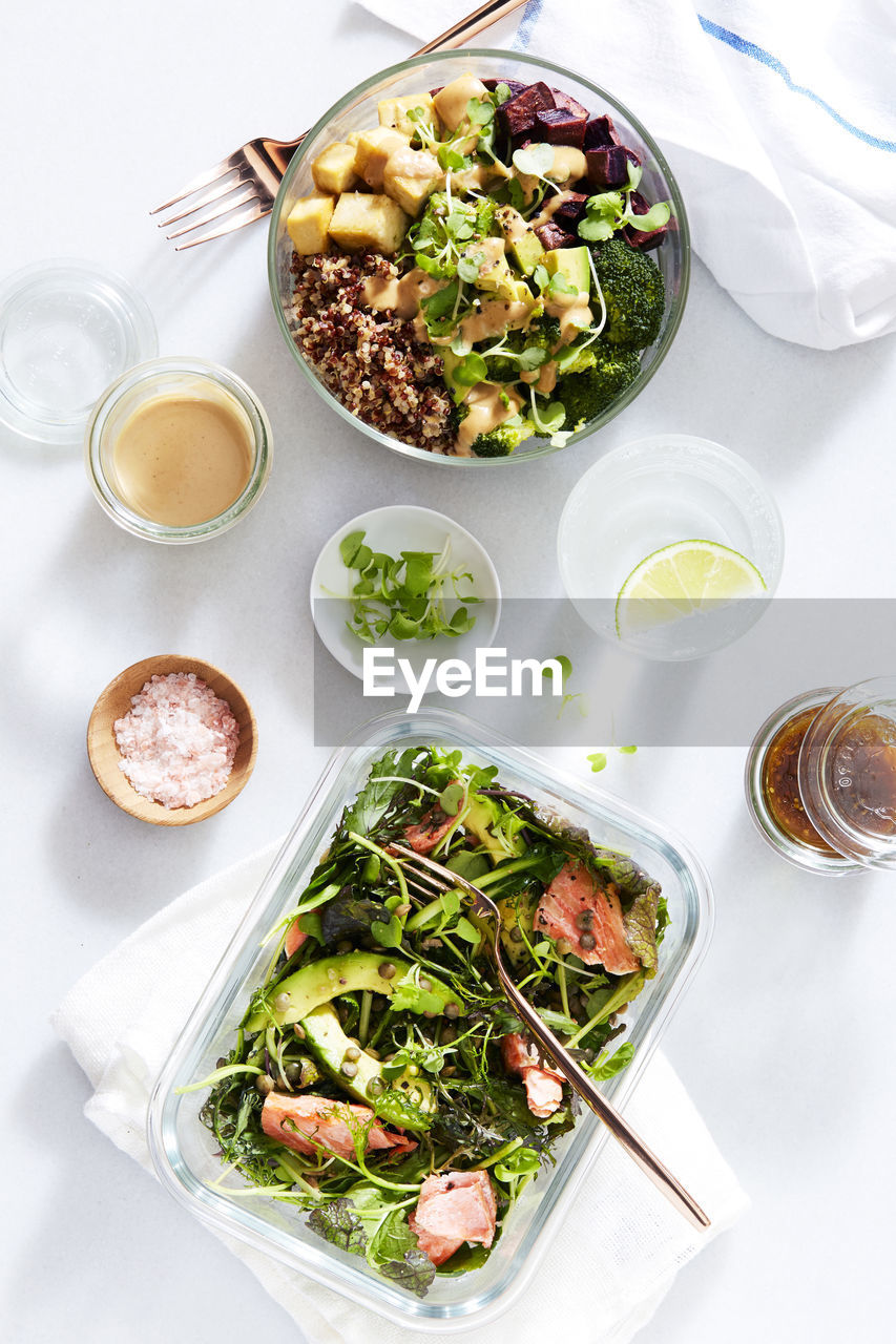 High angle view of food over white background