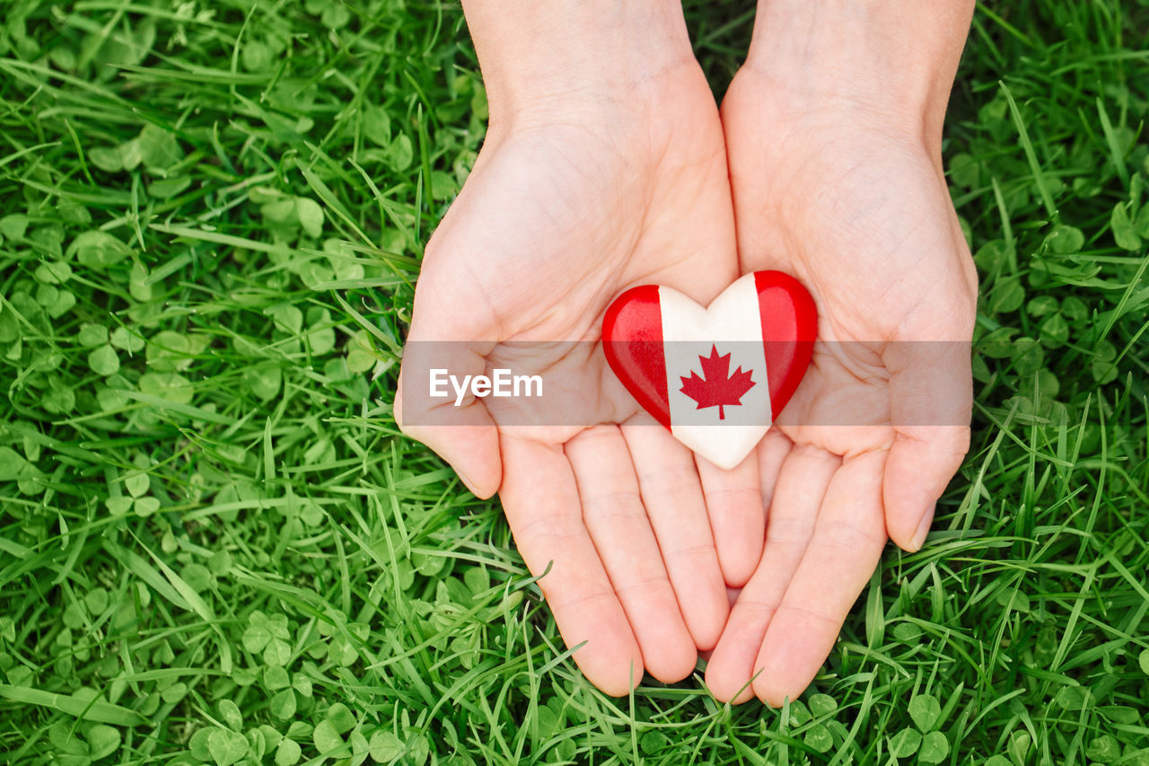 Human hands holding round badge with canadian flag symbol. canada day national celebration 