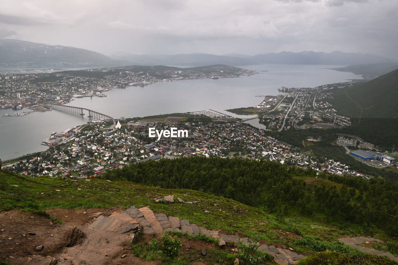 Scenic view of the beautiful city of tromso during a rainy day