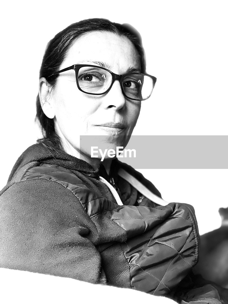 eyeglasses, glasses, portrait, adult, vision care, eyewear, one person, black and white, looking at camera, white background, women, monochrome photography, person, young adult, indoors, female, sitting, lifestyles, men, studio shot, cut out, headshot, monochrome, looking, human face, relaxation, emotion, clothing, casual clothing