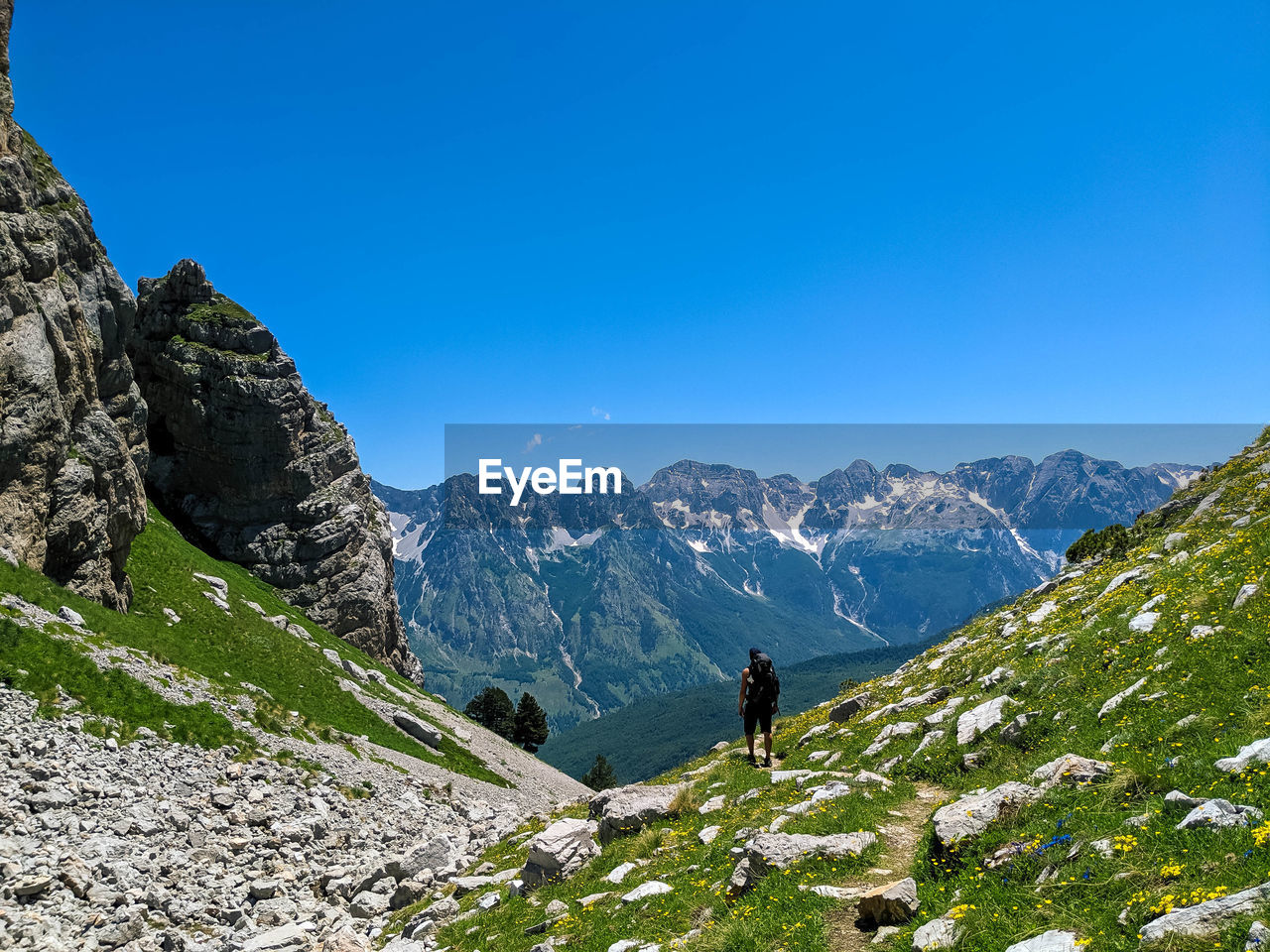 Rear view of man with backpack standing on mountain