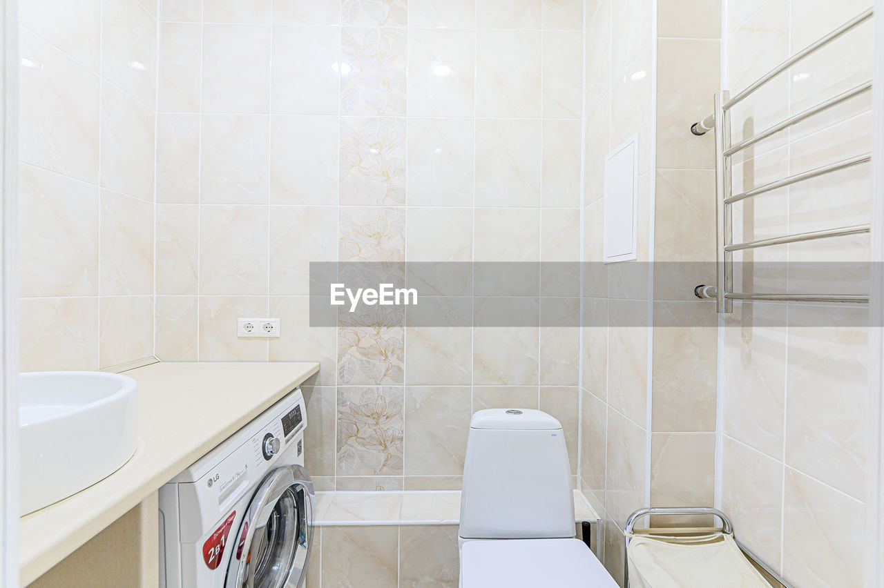 Apartment room bathroom, sink, decorative elements, toilet